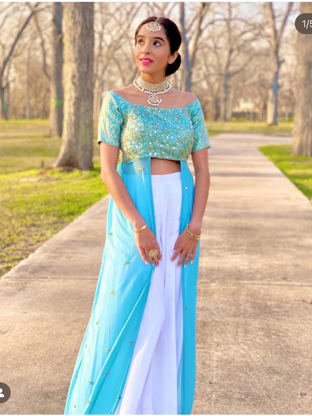 Aqua Embroidered Crop Top & Flowing Pants Set